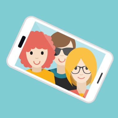 Üç arkadaş yaz selfie fotoğraf yapma. Vektör karikatür çizim.
