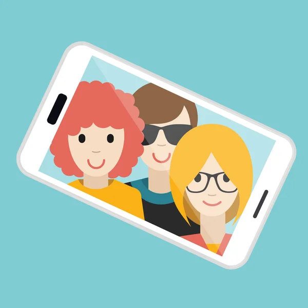 Tres amigos haciendo fotos de selfies de verano. Dibujos animados vectoriales ilustración . — Vector de stock