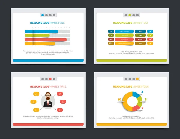 4 Präsentationsvorlagen. Infografiken für Prospekt, Poster, Folie, Magazin, Buch, Broschüre, Website, Druck. — Stockvektor