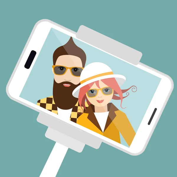 Couple making summer selfie photo. Vector cartoon illustration. — Stock Vector