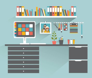 Ofis işyeri. Ressam, tasarımcı ofis. Düz tasarlamak vektör.