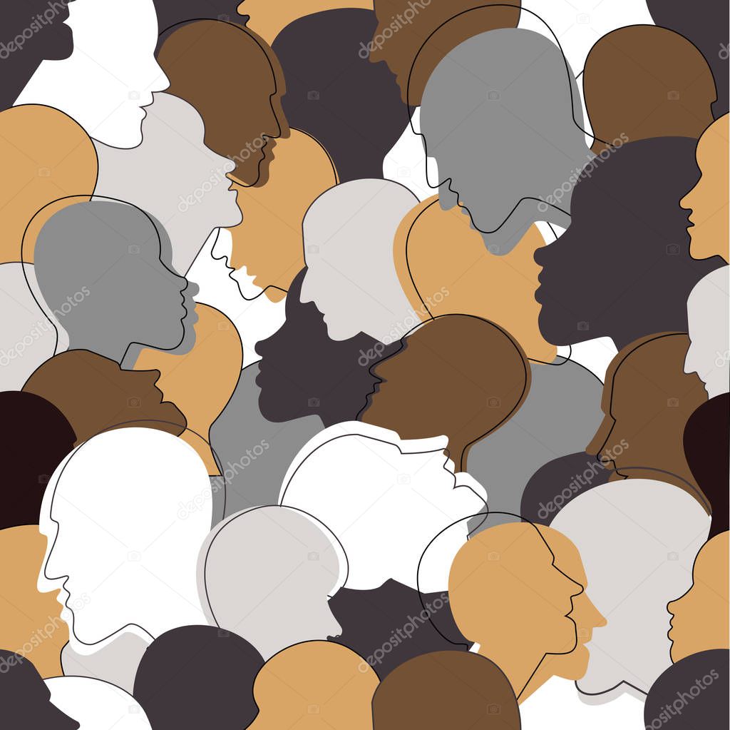 Seamless pattern of a crowd of many different people profile heads.