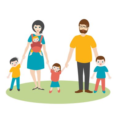 Büyük aile çocuklar, oğlu, kızı ile yürüyüş ve yeni bir bebek taşıyıcı Bebek doğmadan sling.