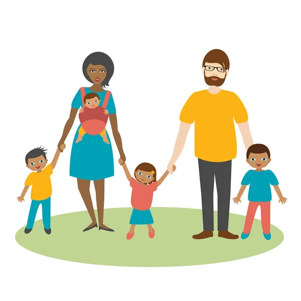 Familia de raza mixta con tres hijos. Ilustración de dibujos animados, vector . — Vector de stock