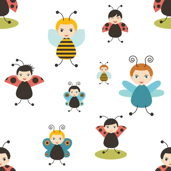 Beatles cartoon seamless pattern. Bee, butterfly, ladybird. Baby, kid, child design. White background. Flat design, vector illustration. — Stock Vector