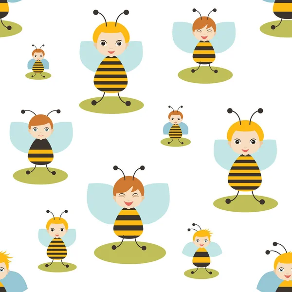 Bee cartoon seamless pattern. Baby, kid, child design. White background. Flat design, vector illustration. — Stock Vector