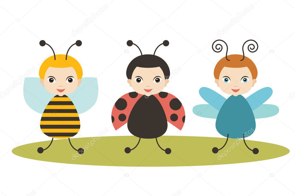 Beetles, cartoon ladybird, bee and dragonfly on white background. Flat vector. Child design.