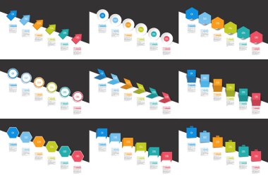 Mega Infographics zaman çizelgesi afiş, grafik kümesi. Adım adım rapor şablonlar. Vektör.