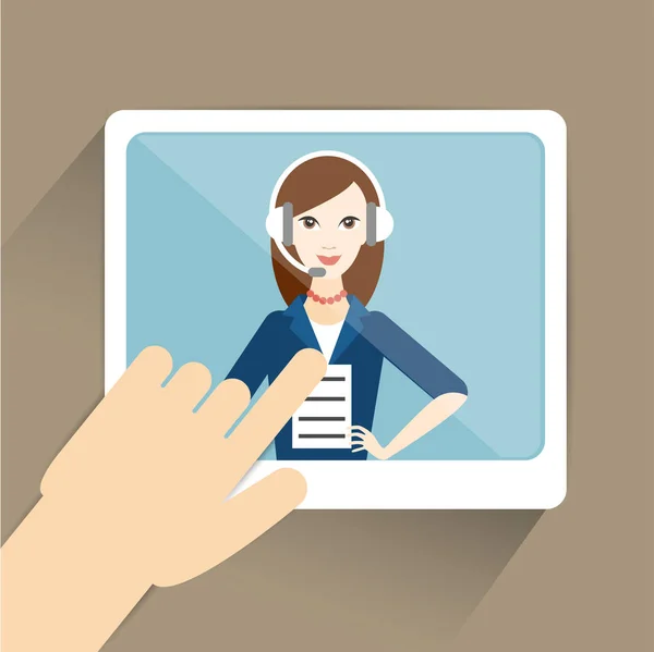 Hand with tablet computer. Video, online meeting, chating. Flat vector ilustration. — Stock Vector