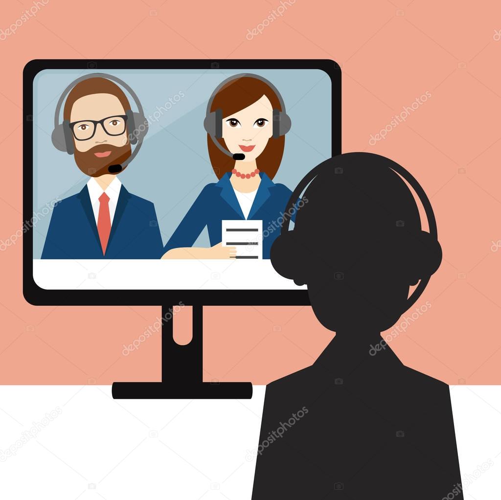 Video Job interview. Officer and candidate. Flat vector ilustration.