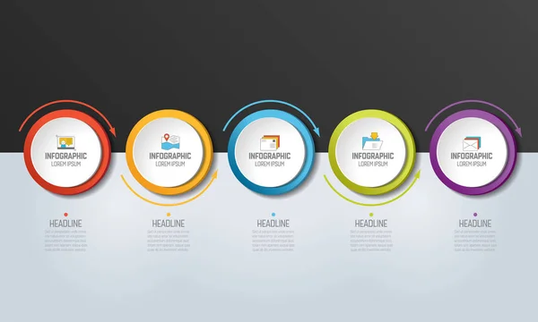 5 krok infografikę. Koła ze strzałkami. Szablon, schemat, wykres, kamień milowy, wykresu, prezentacji, infografika. — Wektor stockowy