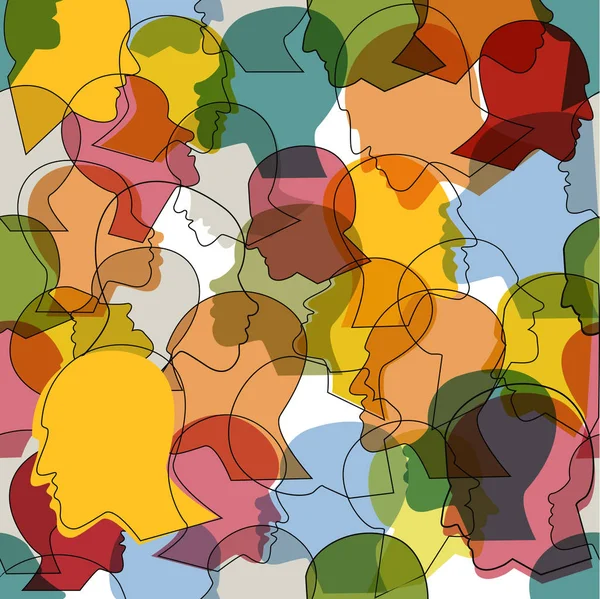 Seamless pattern of a crowd of many different people profile heads. Vector background. — Stock Vector