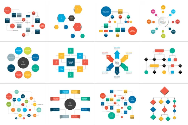 Fowcharts schemas, diagramme. Mega-Set. Einfach farblich bearbeitbar. Elemente der Infografik. — Stockvektor