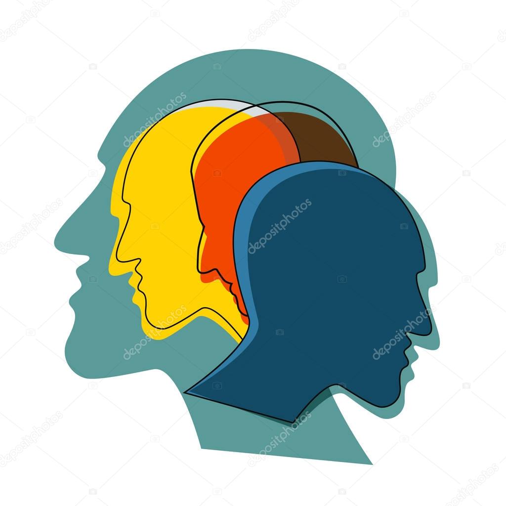 Schizophrenia concept, symbol of depresion, dementia. Vector ilustration.