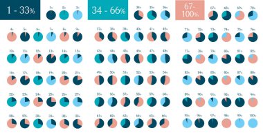 Mega Infographic yüzde daire pasta grafikleri kümesi. %1 100. İzole vektör öğeleri.