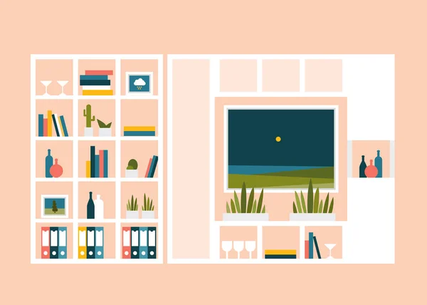 Wohnzimmer mit Fotobildern und Bücherregalen. flache Designvektorillustration. — Stockvektor