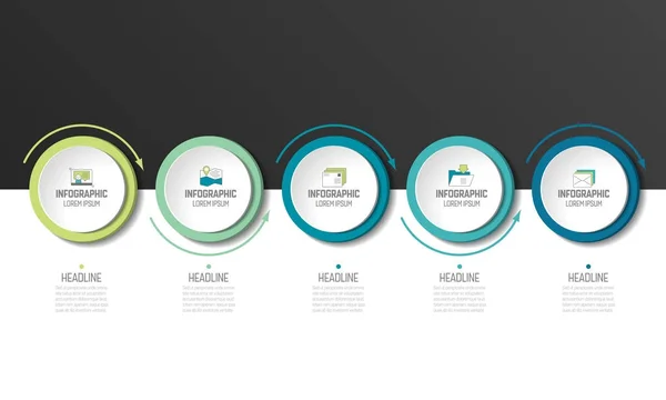 5 단계 Infographic입니다. 화살표와 함께 원입니다. 템플릿, 다이어그램, 그래프, 이정표, 차트, 프레 젠 테이 션, infograph. — 스톡 벡터