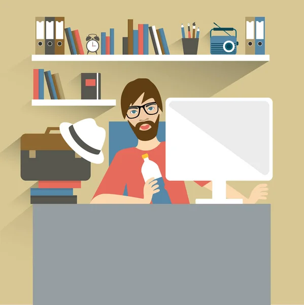 Man office workplace. Hipster, designer style. Flat vector illustration. — Stock Vector