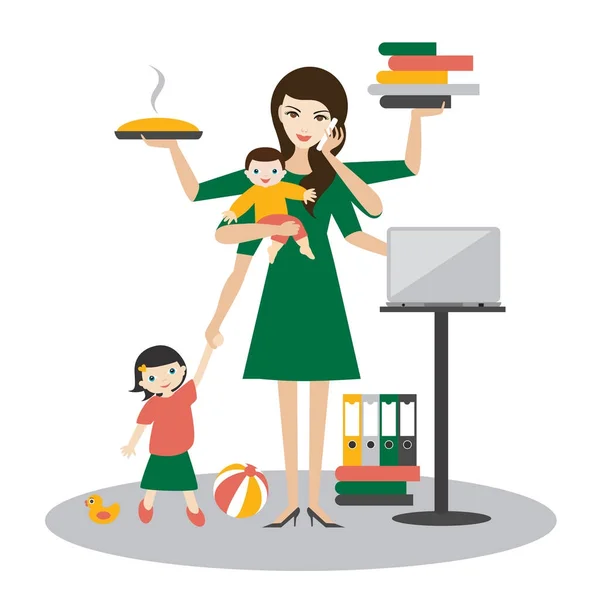 Mujer multitask. Madre, empresaria con bebé, niño mayor, trabajando, copulando y llamando. — Vector de stock