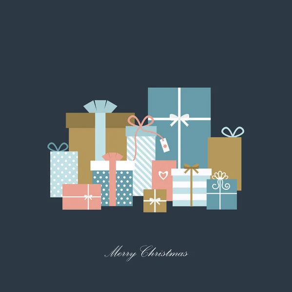 Geschenkboxen auf dunklem Hintergrund. Weihnachtskarte. — Stockvektor