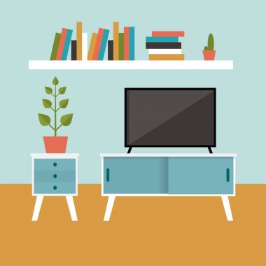 Oturma odası iç. TV ve kitap rafları. Düz tasarlamak vektör.