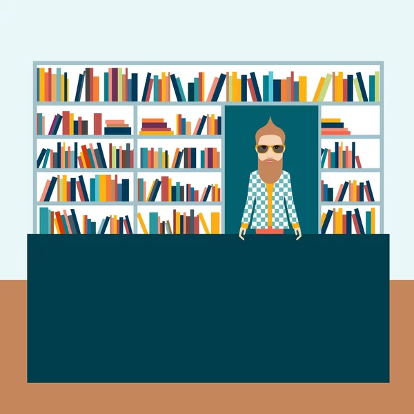書店と書店の男 平面ベクトル図 — ストックベクタ