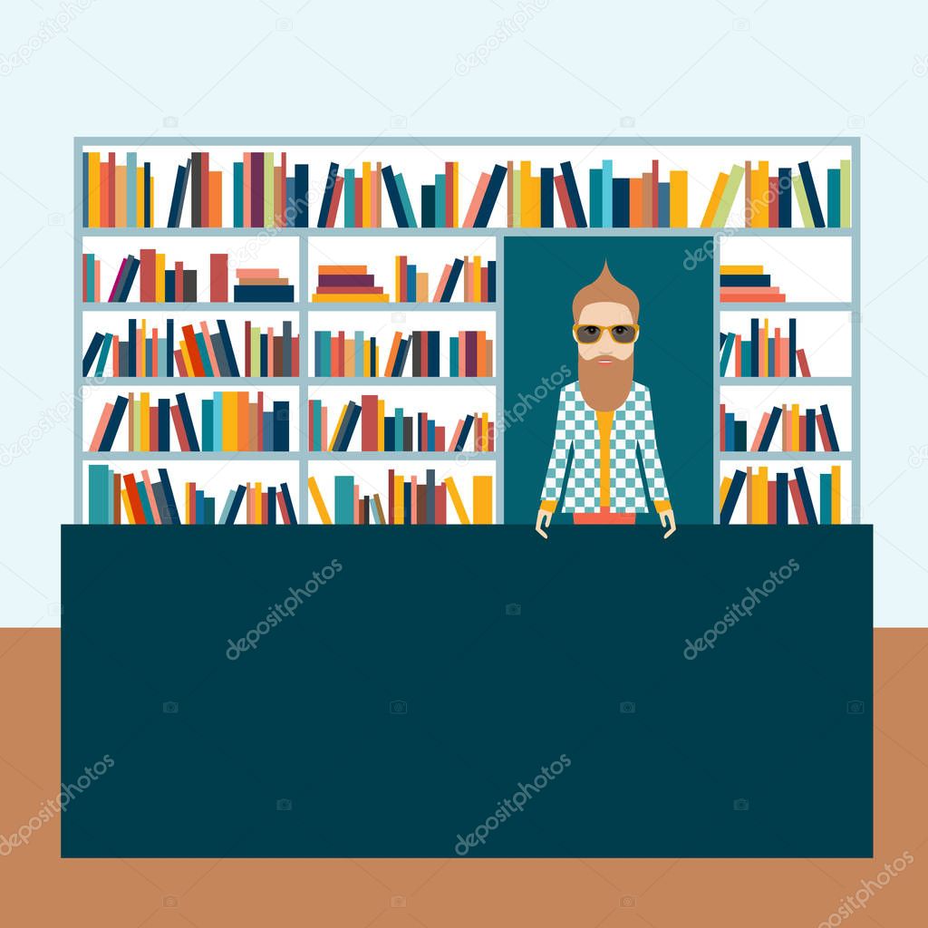 Bookstore and bookseller man. Flat vector illustration.