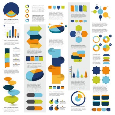 Mega infographics elemanları çizelgeleri, grafikler, daire grafikler, diyagramlar, konuşma balonları kümesi. Düz ve 3d tasarım. Vektör.