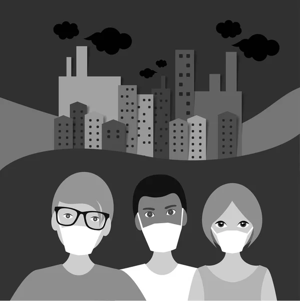 Lidé Masce Znečištění Města Městské Panorama Blck Bílá — Stockový vektor