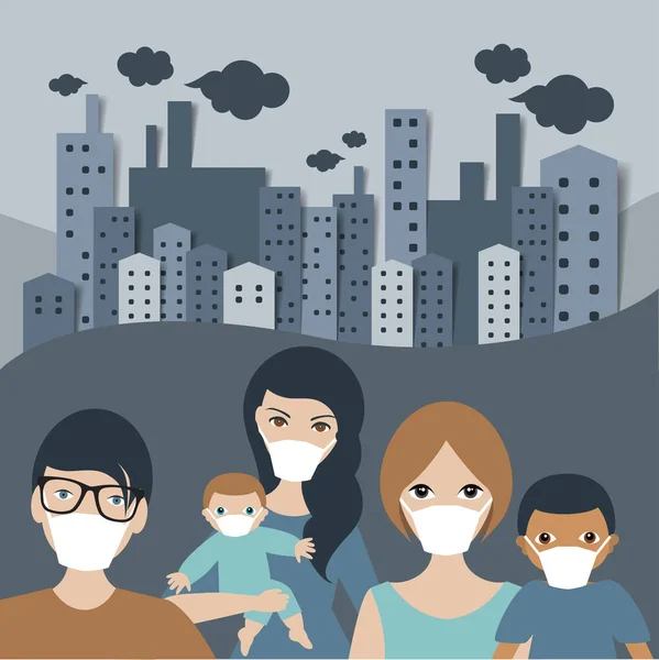 Mensen Masker Vervuilingen Stad Stad Panorama — Stockvector