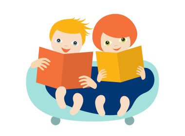 Çocuklar, çocuklar kanepede oturmuş kitap okuyor. Düz vektör.