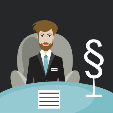 Avukat, ofisinde sandalyesinde oturan bir avukat. Düz vektör.