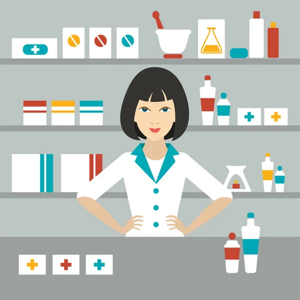 Pharmacy Chemist Girl Standing Drugstore Flat Vector — Stock Vector