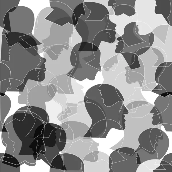 Seamless Pattern Crowd Many Different People Profile Heads Vector Background — Stock Vector