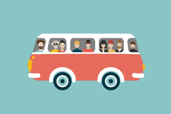 Автобусная Ретро Иллюстрация Пассажирами Концепция Плоского Вектора — стоковый вектор