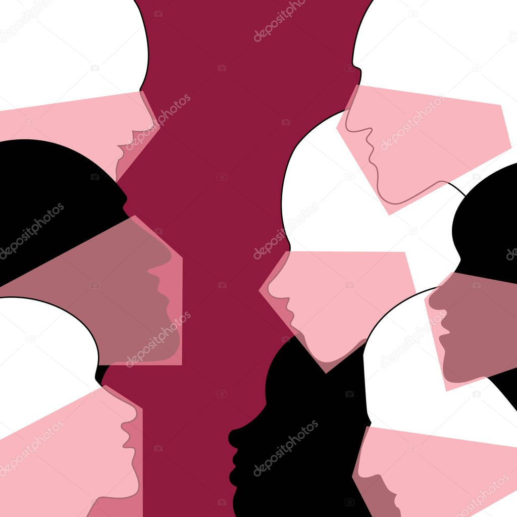 Men and women in face masks protecting  against corona virus. People profile heads. Vector background.