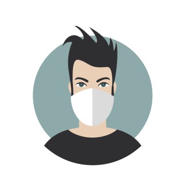 Korona virüsüne karşı maske takan adam. Düz vektör simgesi.