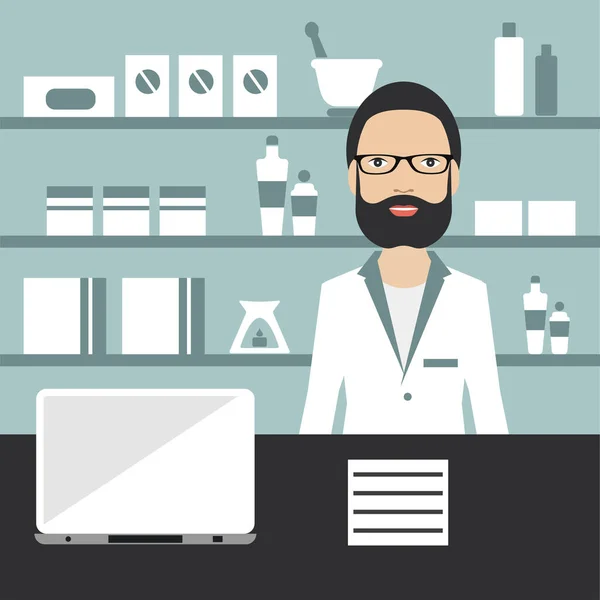 Pharmacy Chimiste Debout Dans Pharmacie Vecteur Plat — Image vectorielle