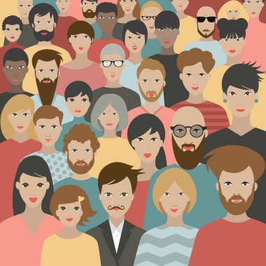 Bir sürü insan. Farklı insanlardan oluşan büyük bir grup. Vektör.