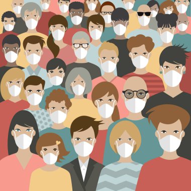Bir grup insan maske takarak, Covid 19 'dan korunuyor. Beyazda izole edilmiş.