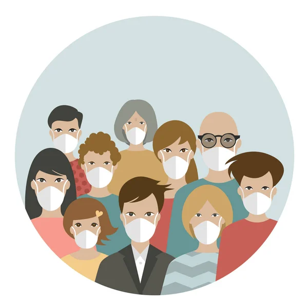 Group People Circle Protecting Covid Corona Wearing Masks Isolated White — Stock Vector