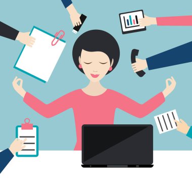 Merkez ofis. Nilüfer meditasyonunda çalışan bir iş kadını. Çoklu görev konsepti. Düz Çizim.