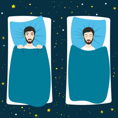 Uyku problemleri ve uykusuzluk belirtileri olan bir adam iyi bir uyku hastasına karşı. Düz Çizim.