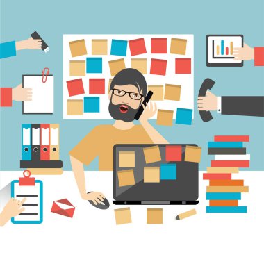 Çalışkan iş adamı. Çalışma yeri düz vektör çizimi.