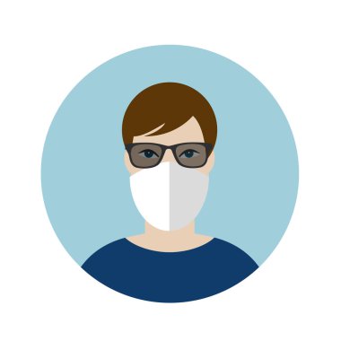 Korona virüsüne karşı maske takan adam. Düz vektör simgesi.