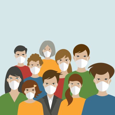 Bir grup insan maske takarak, Covid 19 'dan korunuyor. Beyazda izole edilmiş.