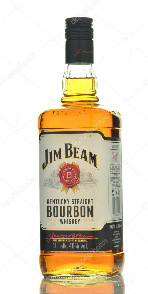 CIRCA NOVEMBER 2016 - GDANSK: Jim Beam bourbon whiskey isolated on white background. Jim Beam is owned by Beam Global Spirits and wine and it has been destiled in Clermont, Kentucky USA since 1795