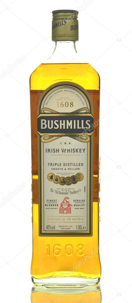 CIRCA NOVEMBER 2016 - GDANSK: Bushmills irish whiskey isolated on white background. The Old Bushmills Distillery is a distillery in Bushmills, County Antrim, Northern Ireland. It was founded in 1784.
