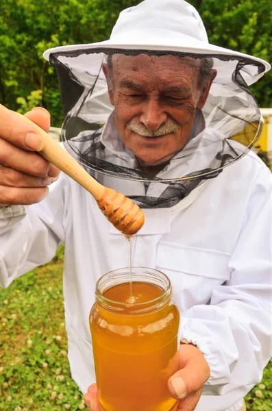 Старший пасечник представляет банку свежего меда на пасеке весной — стоковое фото