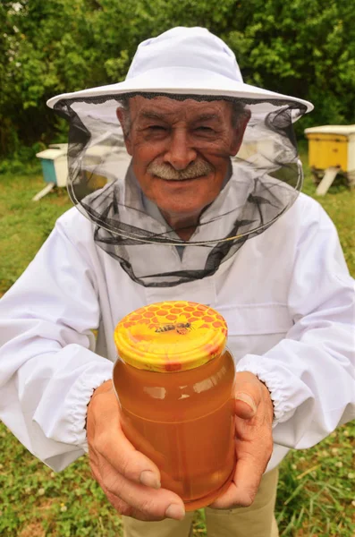 Coleccionista senior presentando tarro de miel fresca en colmenar en primavera — Foto de Stock